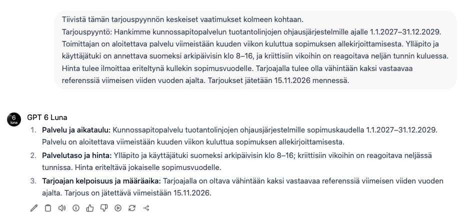Sofor AI tiivistää tarjouspyynnön vaatimukset kolmeen kohtaan. Kuvassa demoympäristö.