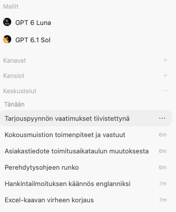 Sofor AI:n valikko, jossa näkyvät käyttäjän kielimallit ja keskusteluhistoria. Kuvassa demoympäristö.